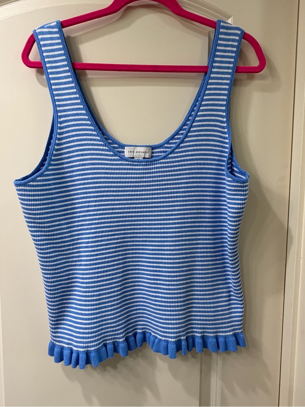 Blue & White Striped Ribbed Tank Top with Ruffle Hem